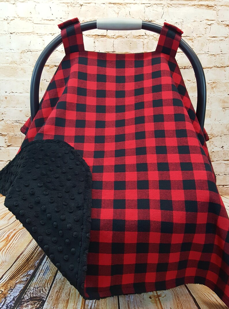 Infant Car Seat Cover Blanket Canopy Red Buffalo Plaid Baby Nursery Lumberjack