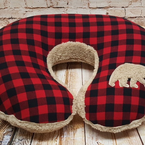Bear Applique Nursing Pillow Cover Snug Fit Opens on Minky Side- Buffalo Plaid, Sherpa, Lumberjack, Lumberjack Baby, Lumberjack Nursery