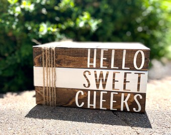 Wood Book Stack - Hello Sweet Cheeks - Home Decor