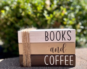 Wood Book Stack - Books and Coffee - Home Decor