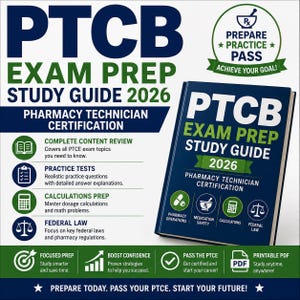 May include: A PTCB Exam Prep Study Guide 2026 for pharmacy technician certification. The book cover is dark blue with white and green text, featuring icons for pharmacy operations, medication safety, calculations, and federal law.