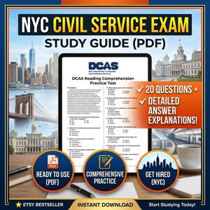 Könnte beinhalten: Ein digitaler Lernleitfaden für die NYC Civil Service Prüfung im PDF-Format. Das Dokument enthält einen DCAS-Leseverständnistest mit 20 Fragen und ausführlichen Erklärungen. Der Hintergrund zeigt die Skyline von New York City.