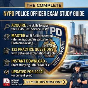 Puede incluir: Una guía de estudio digital para el examen de oficial de policía del NYPD, con el emblema del escudo del NYPD, una ilustración de un oficial de policía y el puente de Brooklyn de fondo. El texto incluye: THE COMPLETE NYPD POLICE OFFICER EXAM STUDY GUIDE, 132 PRACTICE QUESTIONS e INSTANT DOWNLOAD.