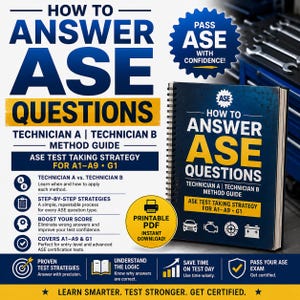 Puede incluir: Una guía de estudio con encuadernación en espiral titulada How to Answer ASE Questions, con una portada azul y amarilla que incluye texto e iconos para las pruebas de certificación A1-A9 y G1, y una opción de descarga en PDF imprimible.