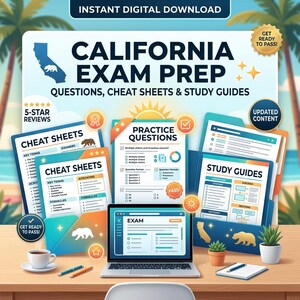 Könnte beinhalten: Digitales Grafikdesign für die California Exam Prep, mit Spickzetteln, Übungsfragen und Lernhilfen. Enthält einen Laptop, eine Kaffeetasse, Stifte und ein Notizbuch auf einem Holzschreibtisch. Der Text lautet "Sofortiger digitaler Download".