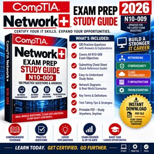 Puede incluir: Una guía de estudio de preparación para el examen CompTIA Network+ N10-009 2026 con texto en rojo y blanco sobre un fondo azul oscuro. La guía incluye 100 preguntas de práctica, una hoja de trucos de subredes, notas y diagramas de red.