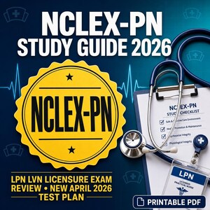 May include: A digital NCLEX-PN study guide for 2026 featuring a yellow circular badge with black text, a blue stethoscope, and a clipboard with a checklist and an LPN identification badge. The text reads NCLEX-PN STUDY GUIDE 2026 and LPN LVN LICENSURE EXAM REVIEW.