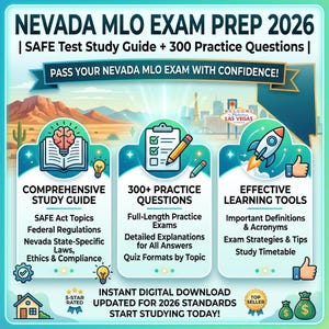 May include: A digital study guide for the Nevada MLO Exam Prep 2026. The graphic features icons for study tools, practice questions, and learning resources. The text includes "Comprehensive Study Guide" and "300+ Practice Questions". The background shows a desert landscape.