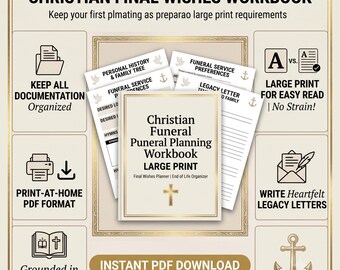 Christian Funeral Planning Workbook LARGE PRINT | Final Wishes Planner | End of Life Organizer Christian | Legacy Letters to Family PDF