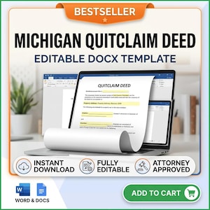 May include: A laptop displays a "Michigan Quitclaim Deed" document. The image includes the text "Editable Docx Template", "Instant Download", "Fully Editable", and "Attorney Approved". A green "Add to Cart" button is also visible.