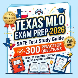 May include: A promotional graphic for a study guide titled "TEXAS MLO EXAM PREP 2026." The design features a gold "BESTSELLER" seal, Texas state outlines, and icons of a notebook, open book, and tablet with a pencil. The guide promises over 300 practice questions.