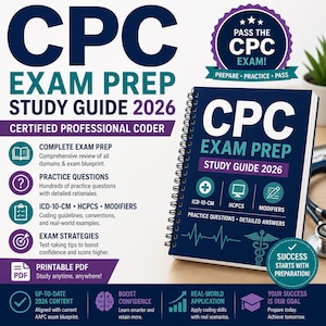 Könnte beinhalten: Ein spiralgebundenes CPC Exam Prep Study Guide 2026 Buch mit dunkelblauem Einband und weißem sowie türkisfarbenem Text. Der Einband zeigt Symbole für ICD-10-CM, HCPCS und Modifikatoren sowie ein medizinisches Caduceus-Symbol und Details.