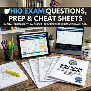 May include: An image showcasing study materials for the Ohio exam. It features a laptop, tablet, printed study guides, and a coffee mug. The text on the materials includes "Ohio Exam Prep Pack" and "Cheat Sheets". The background includes a bookshelf and an Ohio flag.