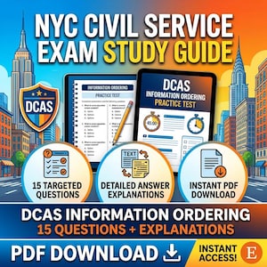 May include: NYC Civil Service Exam Study Guide for DCAS Information Ordering featuring practice tests, 15 targeted questions, detailed answer explanations, and instant PDF download. The graphic includes a shield logo, tablets, and city skyline.