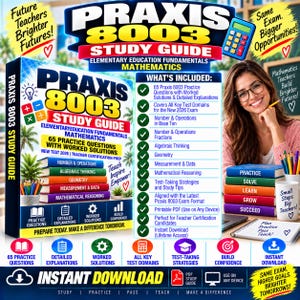 Pode incluir: Um guia de estudo Praxis 8003 para matemática do ensino fundamental, apresentando uma pilha de livros coloridos rotulados com tópicos matemáticos, uma lista de questões práticas incluídas e estratégias de estudo para o exame de 2026.