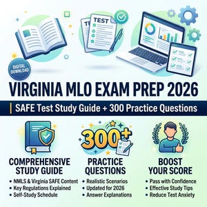May include: Digital download graphic for Virginia MLO Exam Prep 2026. The image includes an open book, test papers, a laptop, and a tablet. Text includes "SAFE Test Study Guide + 300 Practice Questions" and "Comprehensive Study Guide".