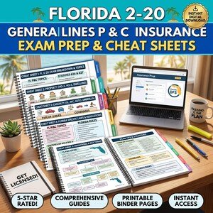 May include: A collection of exam prep materials for Florida 2-20 General Lines P&C Insurance. The image shows spiral-bound cheat sheets, a laptop displaying an insurance prep website, and a coffee mug. Text includes "Exam Prep & Cheat Sheets" and "Get Licensed!"