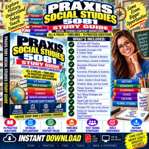 Peut inclure: Un guide d'étude Praxis Social Studies 5081 présentant une pile de livres colorés étiquetés avec des sujets comme l'histoire, la géographie et l'économie. La couverture affiche le Capitole américain, la Statue de la Liberté et un globe terrestre.