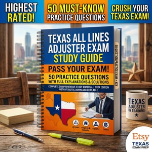 May include: A spiral-bound study guide titled "Texas All Lines Adjuster Exam Study Guide" with the text "Pass Your Exam!" and "50 Practice Questions." A mug that says "Texas Adjuster in Training" sits next to the book. The image also includes a pen and a highlighter.