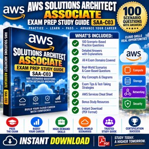 May include: A digital study guide for the AWS Solutions Architect Associate SAA-C03 exam. The cover features a blue cityscape, cloud graphics, and text detailing 100 scenario questions with answers, exam domains, and cloud computing concepts.