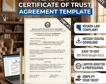 Nevada Certificate of Trust Template, NV Certification of Trust Form, NRS 164.410, Editable Word PDF Form