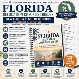 May include: A spiral-bound Florida Relocation Checklist Binder featuring a beach scene with two chairs on the cover. The binder includes sections for domicile, homestead, DMV, and estate documents, with additional printable checklist pages shown.