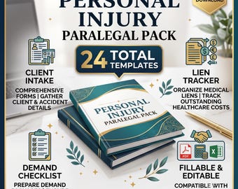 Personal Injury Paralegal Pack | 24 Templates Client Intake Lien Tracker Demand Checklist Settlement | Fillable PDF Excel