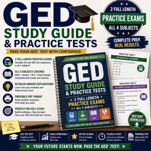 May include: A GED study guide and practice test book with a spiral binding, featuring a dark blue cover with white and yellow text, icons for math, science, RLA, and social studies, and a black graduation cap icon. Includes two practice exam sheets.