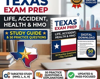 Texas Life Accident Health HMO Exam Study Guide 2026 | tdi License | 50 Questions | TLHIGA Testing | Pearson VUE Self-Study