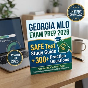 May include: A book titled "GEORGIA MLO EXAM PREP 2026" with "SAFE Test Study Guide +300+ Practice Questions." The book is next to a laptop with a progress bar and a coffee mug. The book cover has a Georgia outline.