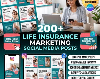 200 Life Insurance Social Media Posts | Facebook Instagram | Insurance Agent Marketing | DFY Content Bundle | Canva Alternative Infographic