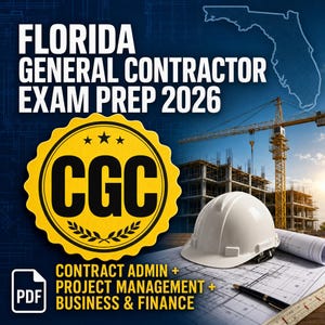 May include: Florida General Contractor Exam Prep 2026 study guide featuring a yellow seal with the letters CGC, a white hard hat, a black pen, and architectural blueprints. The background shows a construction site with a crane and a Florida map.