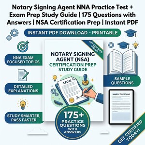 May include: A study guide for Notary Signing Agent (NSA) certification prep. The cover features the title, "Notary Signing Agent (NSA) Certification Prep Study Guide," with a legal document illustration. Includes 175+ practice questions with answers and instant PDF download.