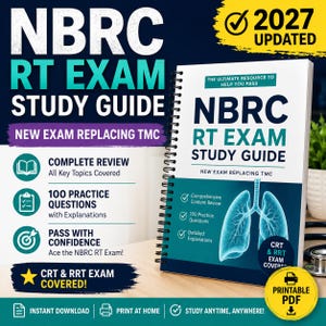 May include: A spiral-bound NBRC RT Exam Study Guide with a white cover featuring a teal and dark blue design, a graphic of human lungs, and text including 2027 Updated, Complete Review, 100 Practice Questions, and CRT & RRT Exam Covered.