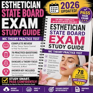 May include: A spiral-bound Esthetician State Board Exam Study Guide for 2026. The cover features text, a calendar icon, a purple badge that says PASS YOUR EXAM, and a photo of a person receiving a facial treatment with a brush and cream.