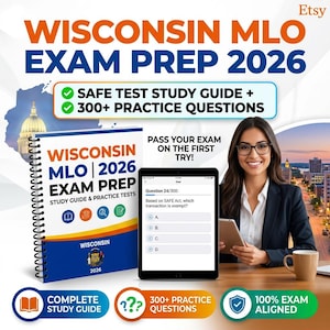 May include: A study guide and practice tests for the Wisconsin MLO Exam Prep 2026. The image shows a woman holding a tablet with a practice question. The guide is labeled "Complete Study Guide" and "300+ Practice Questions."