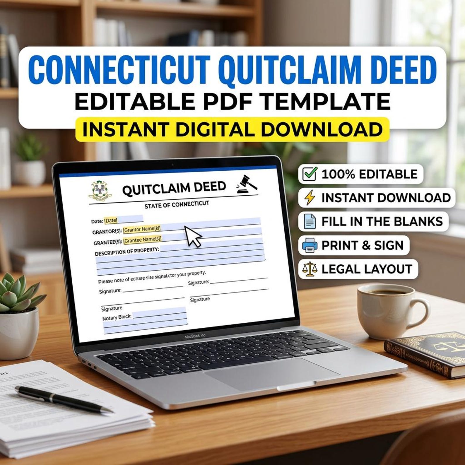Connecticut Quitclaim Deed Template | Editable PDF Form (instant ...