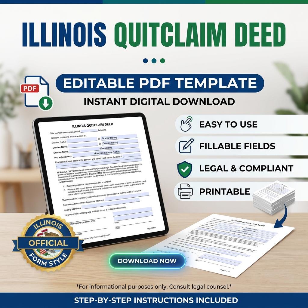 Illinois Quitclaim Deed PDF Template | Editable IL Deed Form (instant ...