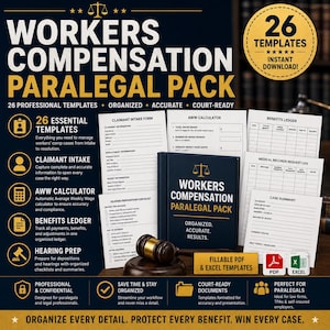 May include: A Workers Compensation Paralegal Pack featuring 26 professional templates, including a claimant intake form, AWW calculator, benefits ledger, and hearing preparation checklist. Includes a dark blue binder, a wooden gavel, and PDF/Excel icons.