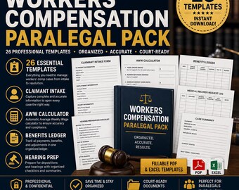 Workers Compensation Paralegal Pack | 26 Templates Claimant Intake AWW Calculator Benefits Ledger Hearing Prep | PDF Excel