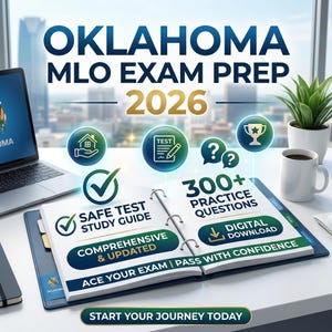 May include: An open binder with the text "Oklahoma MLO Exam Prep 2026" and "Safe Test Study Guide" is displayed. The image includes icons, a laptop, a coffee mug, and a small potted plant. The text "300+ Practice Questions" is also visible.