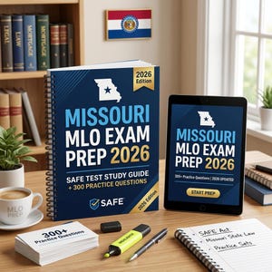 May include: A spiral-bound book and a tablet displaying "Missouri MLO Exam Prep 2026" with the Missouri state outline. The book and tablet are on a wooden desk with a coffee cup, highlighter, pen, and notepad. The Missouri state flag is in the background.