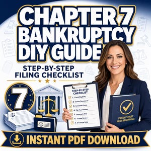 Può includere: Una guida digitale intitolata Chapter 7 Bankruptcy DIY Guide con una lista di controllo passo dopo passo. La grafica presenta uno schema di colori blu e oro, un'icona di bilancia legale, una pila di documenti e una cartella.