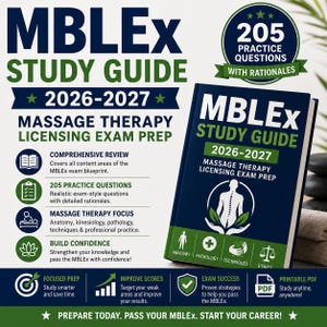 May include: A dark blue and green MBLEx study guide book for 2026-2027 massage therapy licensing exam prep. The cover features a white human silhouette icon, text detailing 205 practice questions with rationales, and sections on anatomy, pathology, techniques, and ethics.