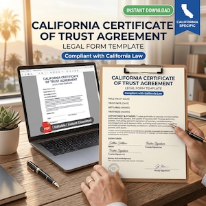 Puede incluir: Una computadora portátil y un portapapeles muestran una plantilla de formulario legal de Certificado de Fideicomiso de California. El documento cumple con la ley de California y está disponible para descarga instantánea. Un bolígrafo descansa sobre el escritorio de madera.