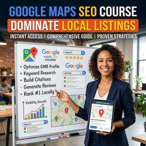 May include: A woman in a navy blazer presents a whiteboard with "GOOGLE MAPS SEO COURSE" and a map graphic. The whiteboard lists SEO strategies. She holds a tablet displaying a Google Maps interface. The image promotes local listing optimization.
