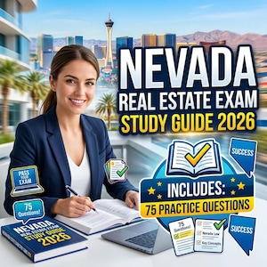 Puede incluir: Una mujer con una blazer azul marino sonríe mientras trabaja en una computadora portátil y estudia un libro. La imagen promociona una "Guía de estudio del examen de bienes raíces de Nevada 2026" con 75 preguntas de práctica. El fondo presenta el horizonte de Las Vegas.