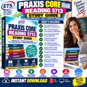 以下が含まれることがあります： Praxis Core Reading 5713の学習ガイドブック。青い表紙には、Read、Analyze、Interpret、Apply、Succeedとラベル付けされたカラフルな本が積み重ねられています。表紙には、模擬試験や試験対策に関するテキストが記載されています。