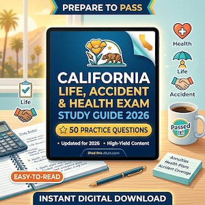 Può includere: Una guida allo studio digitale per l'esame California Life, Accident & Health Exam 2026, visualizzata su un tablet. La guida include 50 domande pratiche ed è aggiornata per il 2026. Una tazza di caffè con "Passed It!" è accanto al tablet.