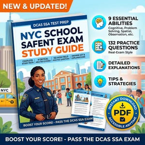 Puede incluir: Un libro de guía de estudio titulado NYC SCHOOL SAFENT EXAM STUDY GUIDE con una ilustración de un agente de seguridad escolar en uniforme. La portada incluye texto sobre 9 habilidades esenciales, 132 preguntas de práctica y explicaciones.